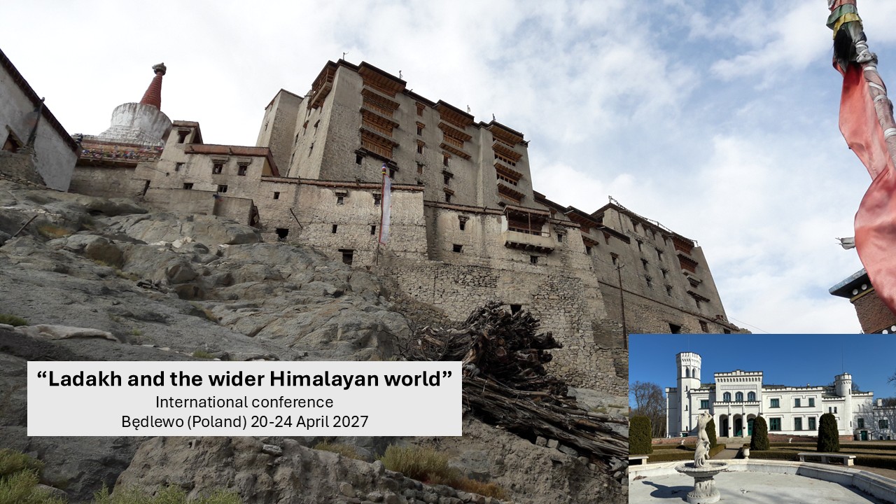 Leh Palace in Ladakh, with an inset photo of the Będlewo Palace in Poland on the lower right side. Text lower left: "Ladakh and the wider Himalayan world," international conference, Będlewo (Poland), 20–24 April 2027.